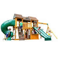 Complex de joaca Aventura din lemn de cedru Adventure Bend  Playset KidKraft - Centru cu 3 tobogane si 2 nivele 
